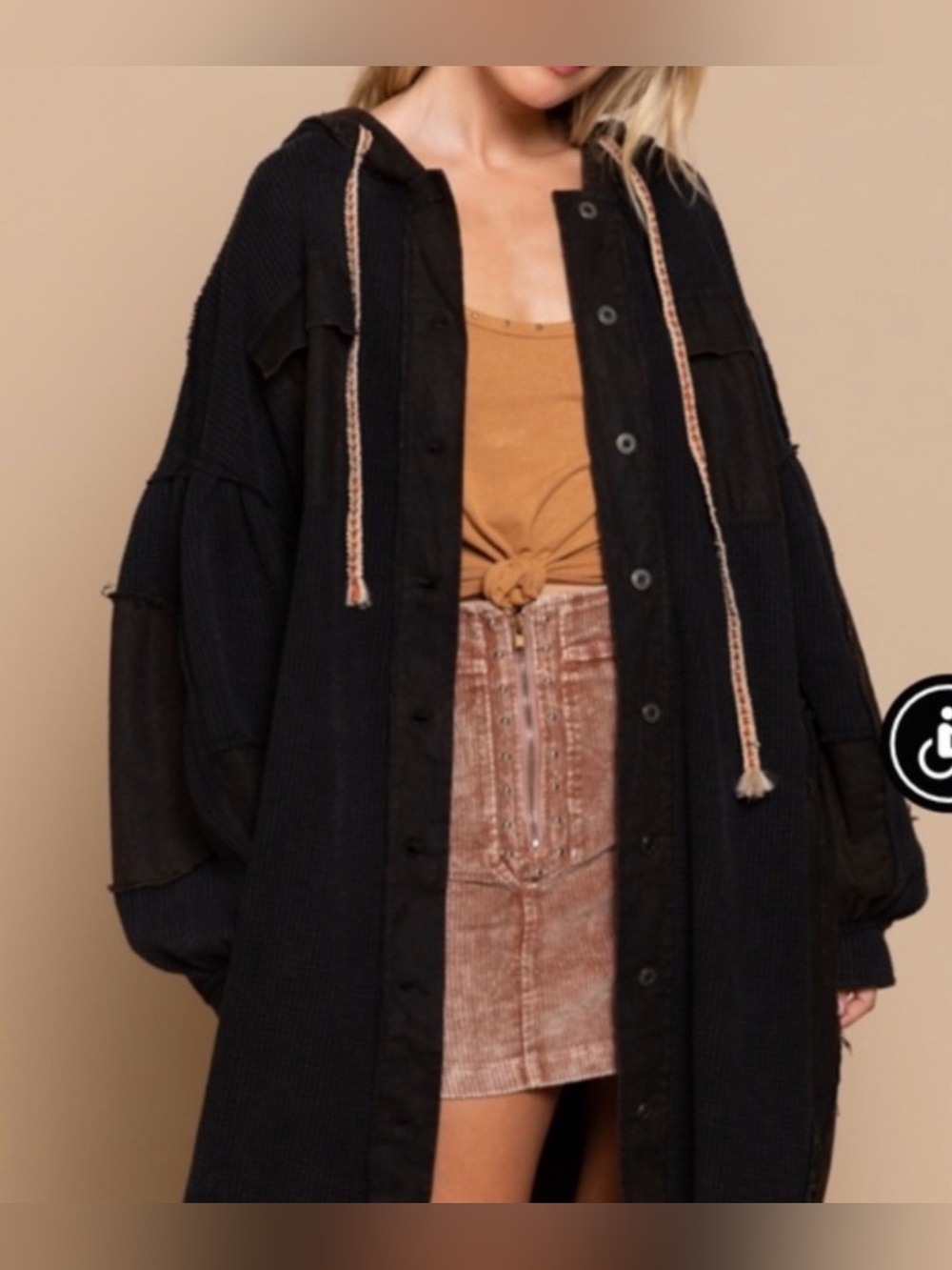 POL Hooded long mixed fabric waffle knit jacket-NEW